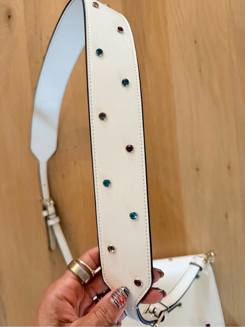kate spade White Leather Crossbody with Multicolor Gem Studs